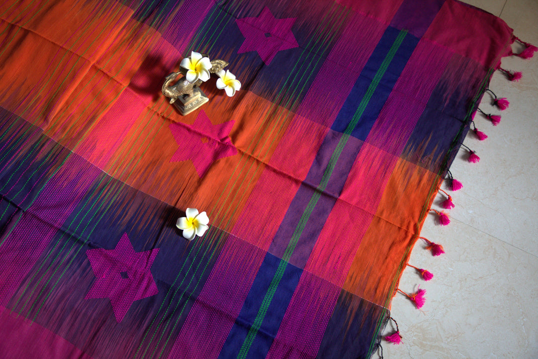 Cotton Handloom Saree Blue Orange Combination