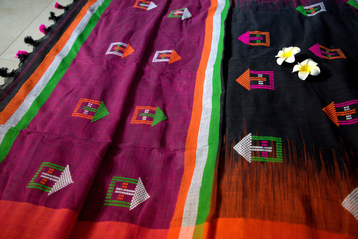 Cotton Handloom Saree with multi-color motif work on gorgeous black