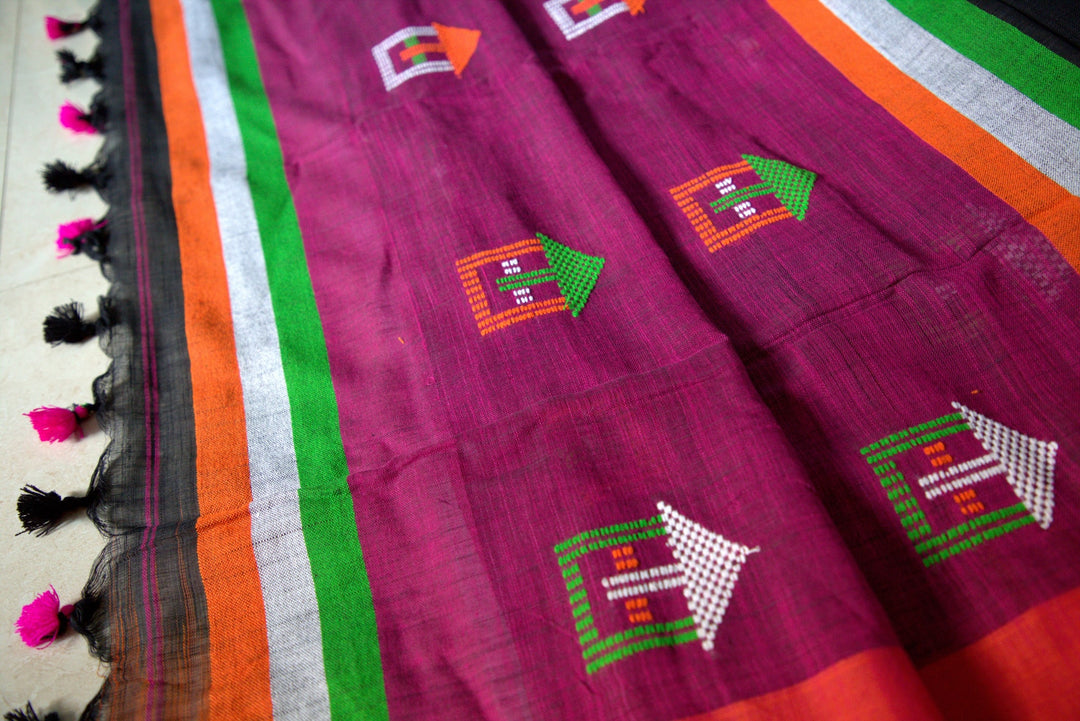 Cotton Handloom Saree with multi-color motif work on gorgeous black