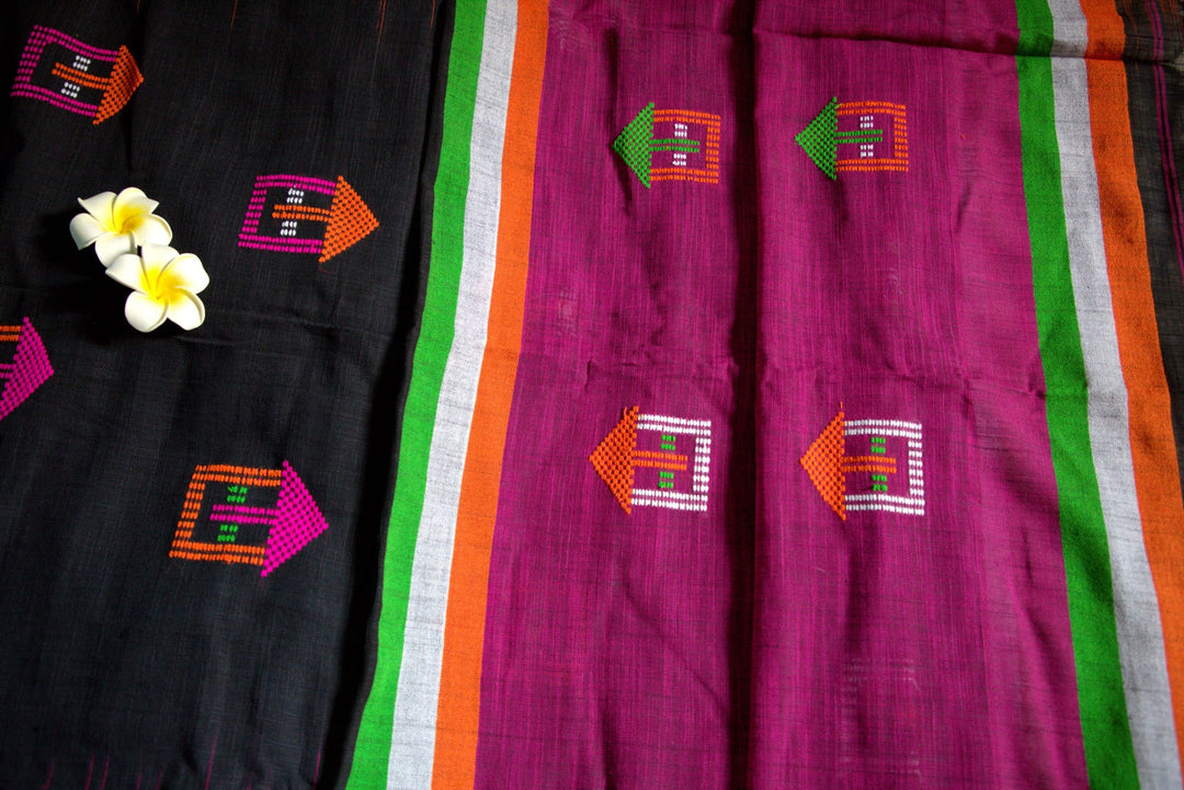 Cotton Handloom Saree with multi-color motif work on gorgeous black