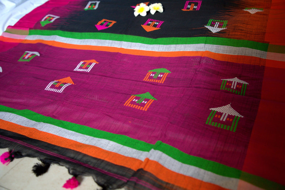 Cotton Handloom Saree with multi-color motif work on gorgeous black