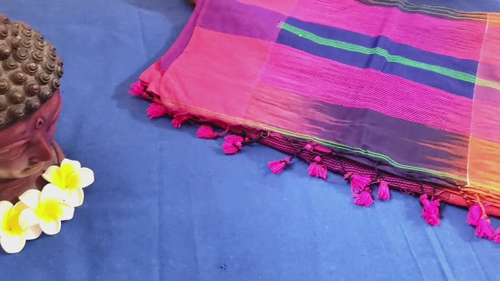 Cotton Handloom Saree Blue Orange Combination