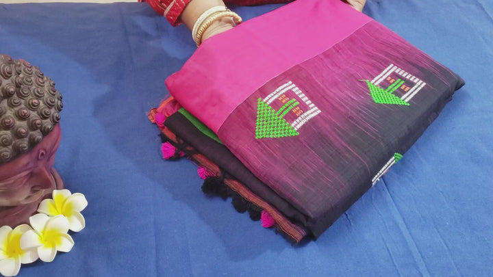 Cotton Handloom Saree with multi-color motif work on gorgeous black